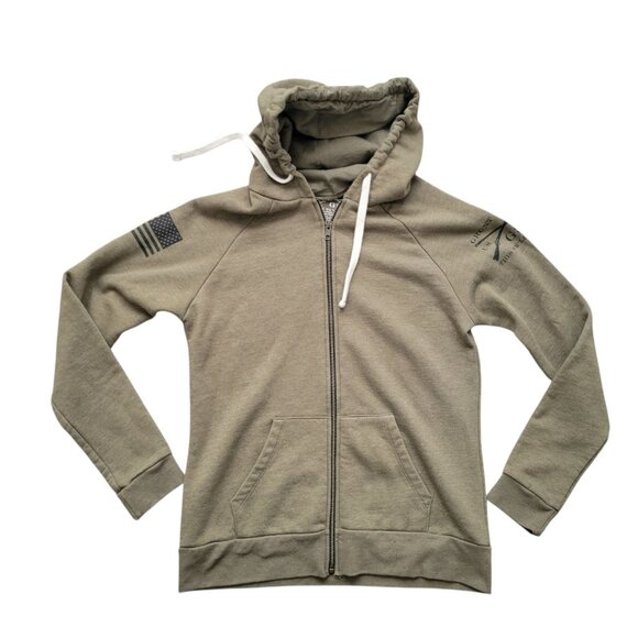 Grunt Style Hoodie Womens Large Green Graphic Full Zip Jacket Patriotic - Picture 1 of 8
